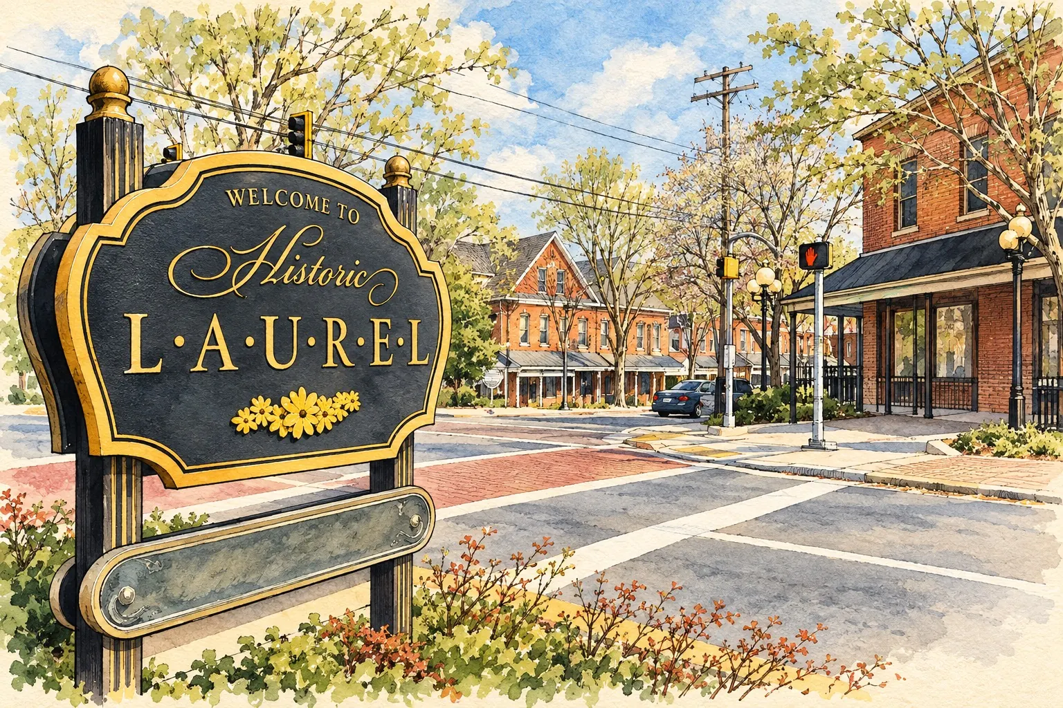 Watercolor illustration of the Historic Laurel welcome sign and surrounding brick storefronts.