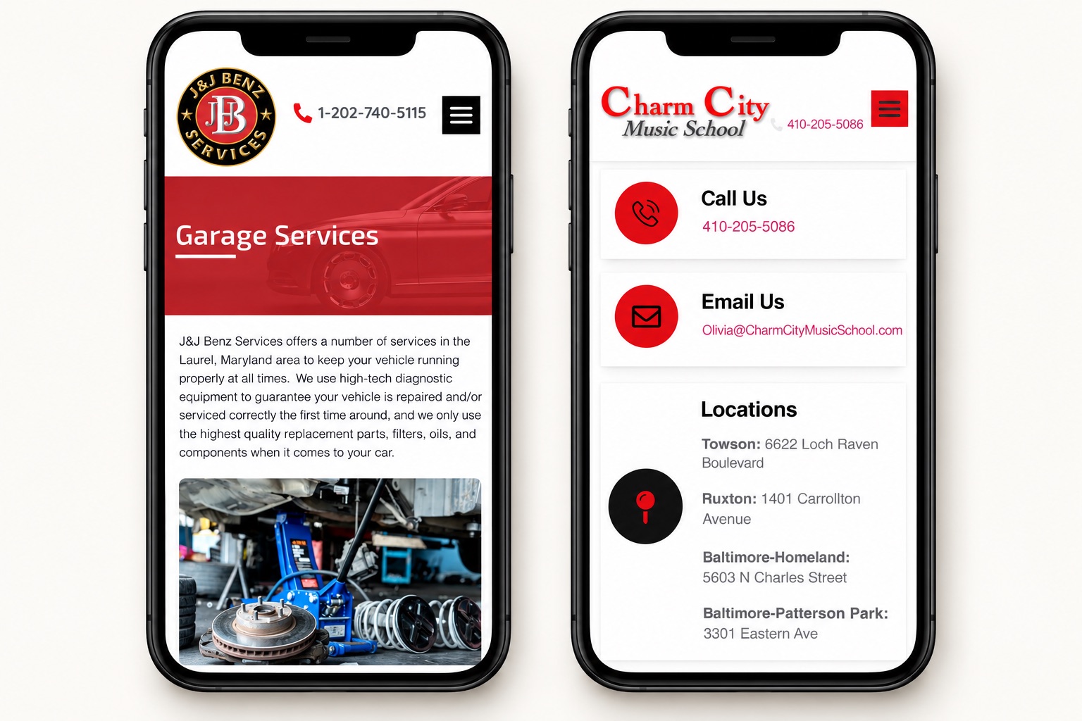 J&J Benz Services and Charm City Music School websites displayed on phones