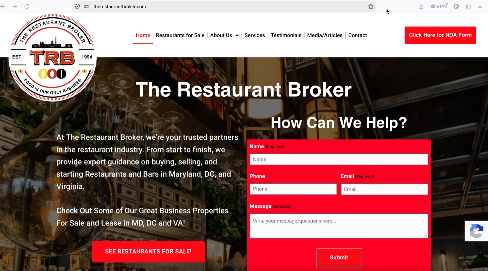 The Restaurant Broker website with service information and a prominent inquiry form