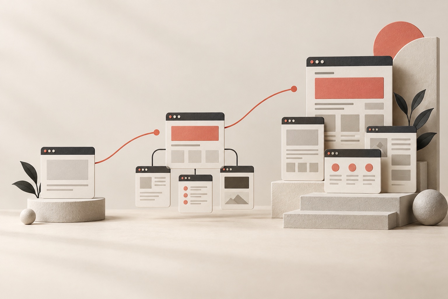 Illustration of a simple website expanding into connected pages and a larger business website