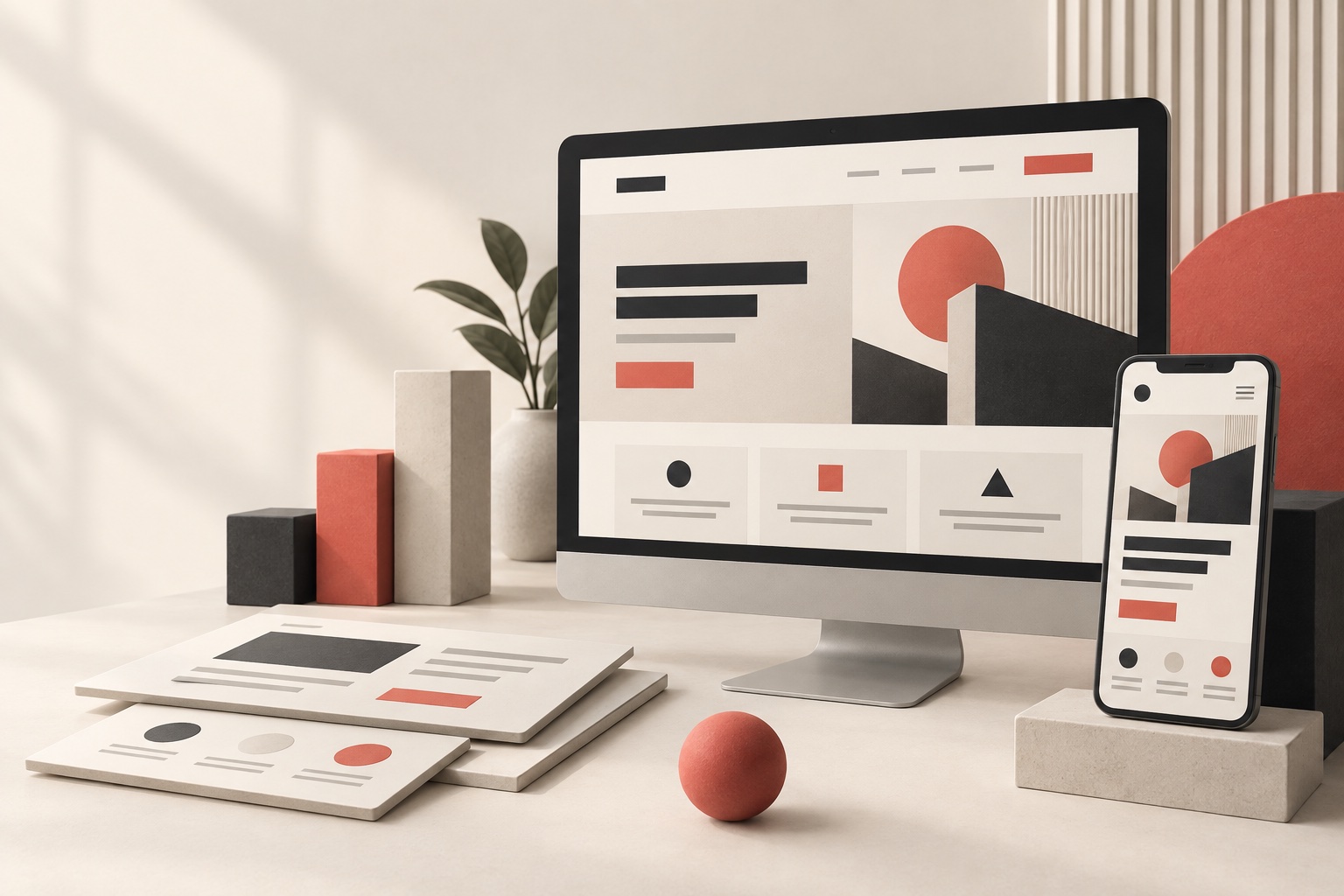 Illustration of a business website displayed on a desktop monitor and mobile phone